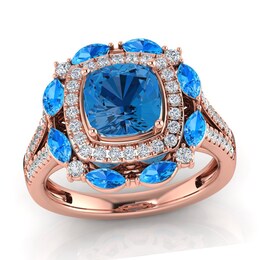 Captivating Color London and Swiss Blue Topaz with 1/2 CT. T.W. Diamond Ornate Frame Split Shank Ring in 14K Rose Gold