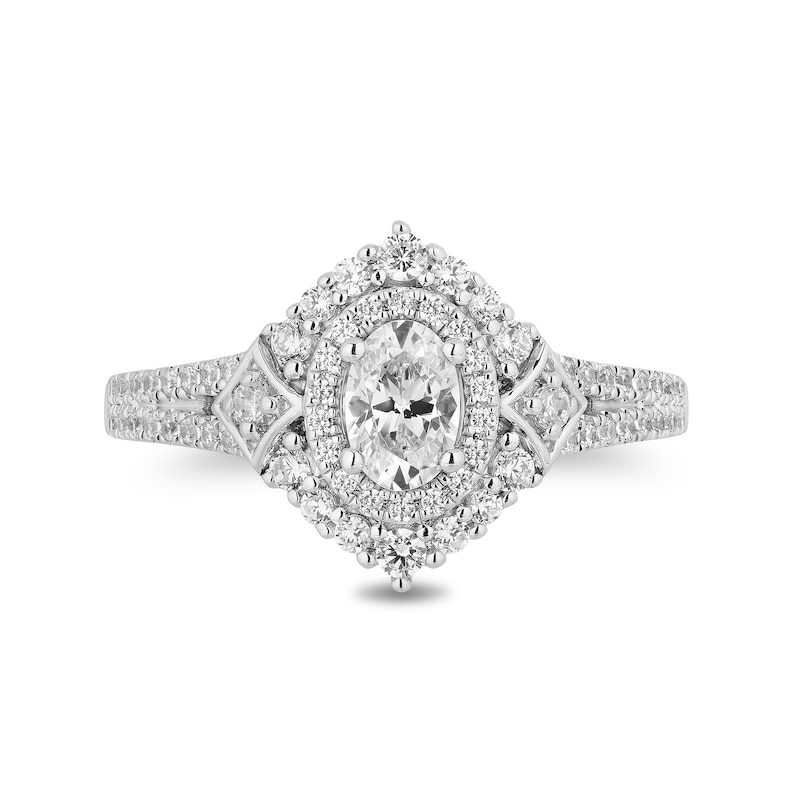 Main Image 4 of Enchanted Disney Cinderella 1 CT. T.W Oval Diamond Double Frame Split Shank Engagement Ring in 14K White Gold