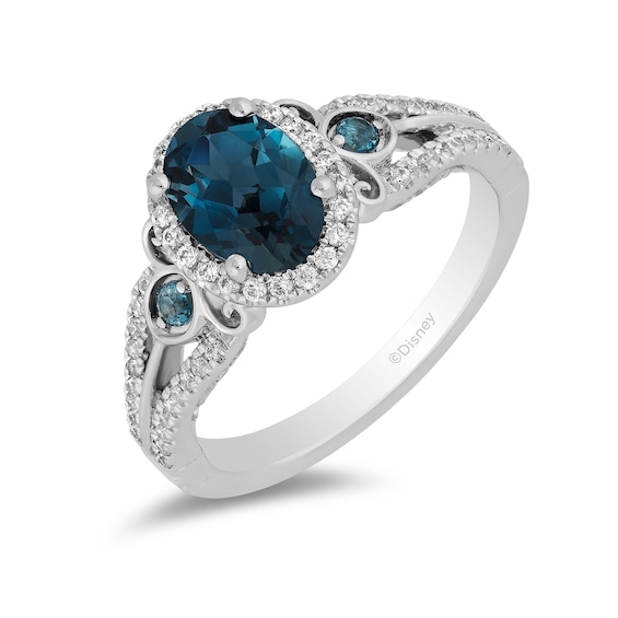 Enchanted Disney Cinderella Oval London Blue Topaz and 1/3 CT. T.w. Diamond Frame Engagement Ring in 14K White Gold