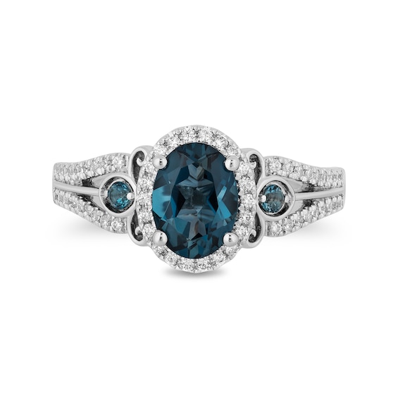 Enchanted Disney Cinderella Oval London Blue Topaz and 1/3 CT. T.w. Diamond Frame Engagement Ring in 14K White Gold
