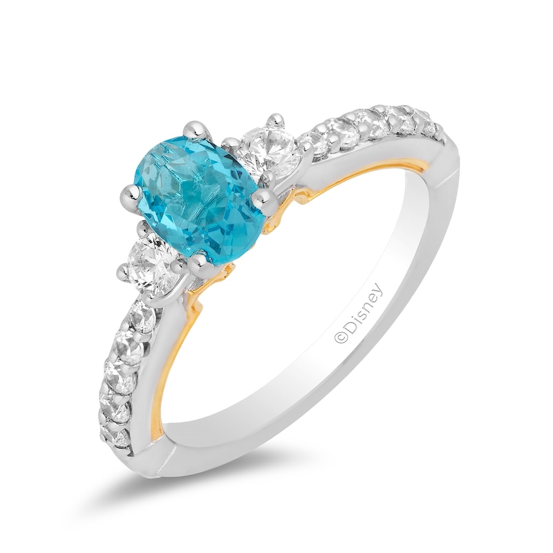 Main Image 1 of Enchanted Disney Jasmine Oval Swiss Blue Topaz and 1/2 CT. T.W. Diamond Engagement Ring in 14K Two-Tone Gold