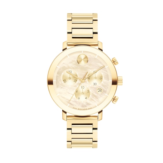 Ladies' Movado BoldÂ® Evolution Gold-Tone IP Chronograph Watch with Mother-of-Pearl Dial (Model: 3600788)