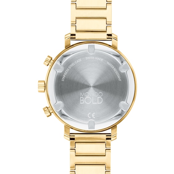 Ladies' Movado BoldÂ® Evolution Gold-Tone IP Chronograph Watch with Mother-of-Pearl Dial (Model: 3600788)