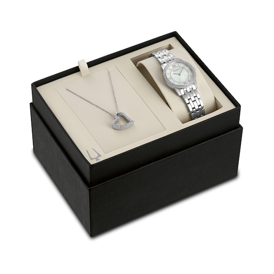 Ladies' Bulova Crystal Accent Watch with Mother-of Pearl Dial and Tilted Heart Pendant Box Set (Model: 96X155)