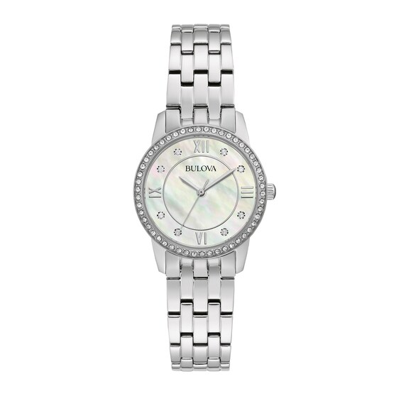 Ladies' Bulova Crystal Accent Watch with Mother-of Pearl Dial and Tilted Heart Pendant Box Set (Model: 96X155)