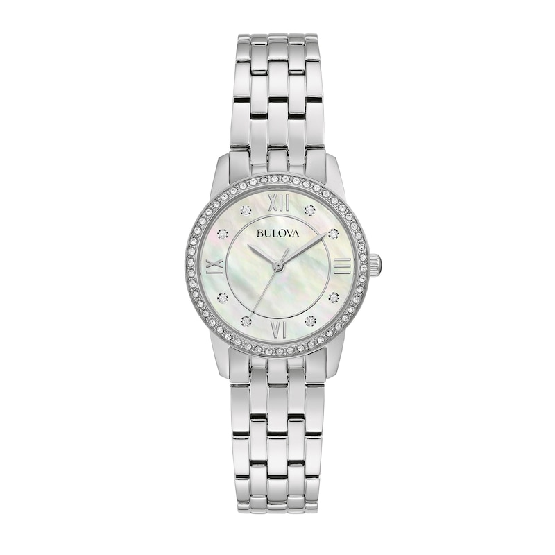 Main Image 2 of Ladies' Bulova Crystal Accent Watch with Mother-of Pearl Dial and Tilted Heart Pendant Box Set (Model: 96X155)