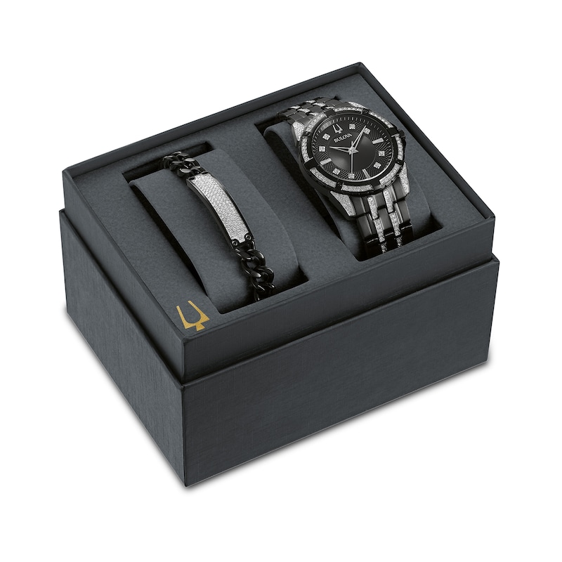 Main Image 1 of Men's Bulova Crystal Accent Watch with Black Dial and ID Bracelet Box Set (Model: 98K109)