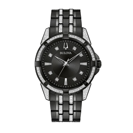 Men's Bulova Crystal Accent Watch with Black Dial and ID Bracelet Box Set (Model: 98K109)