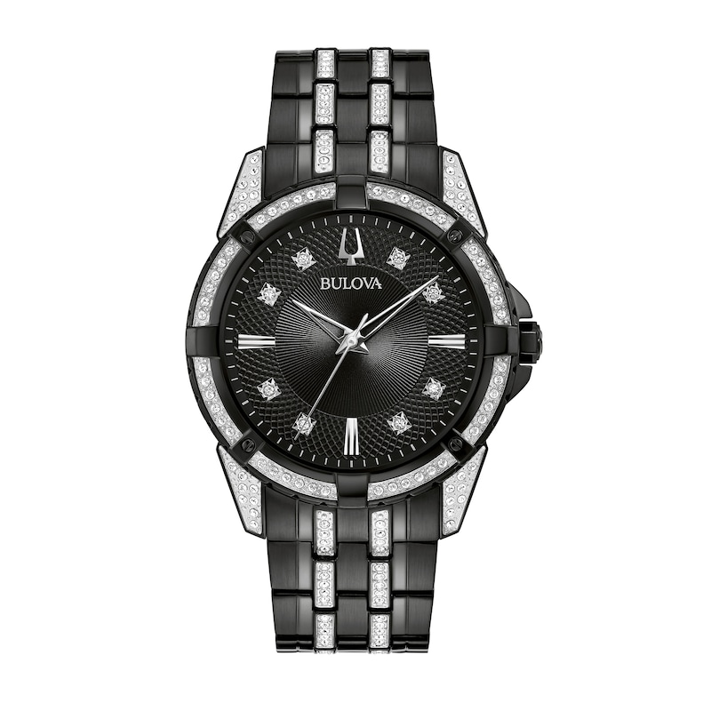 Main Image 2 of Men's Bulova Crystal Accent Watch with Black Dial and ID Bracelet Box Set (Model: 98K109)