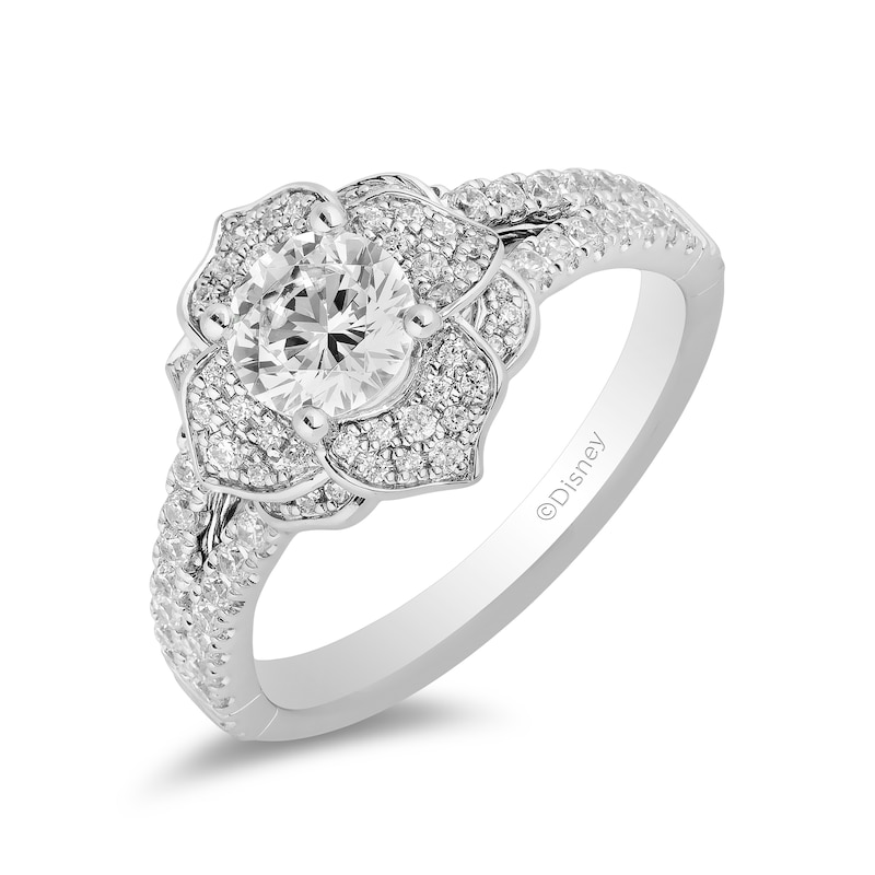Main Image 1 of Enchanted Disney Belle 1-1/4 CT. T.W. Diamond Flower Split Shank Engagement Ring in 14K White Gold