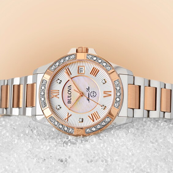 Ladies' Bulova Marine Star 1/10 CT. T.w. Diamond Two-Tone Watch with Mother-of-Pearl Dial (Model: 98R234)
