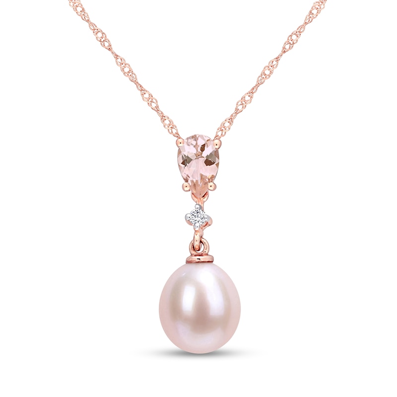 9.0-9.5mm Pink Oval Cultured Freshwater Pearl, Morganite and Diamond Accent Drop Pendant in 10K Rose Gold