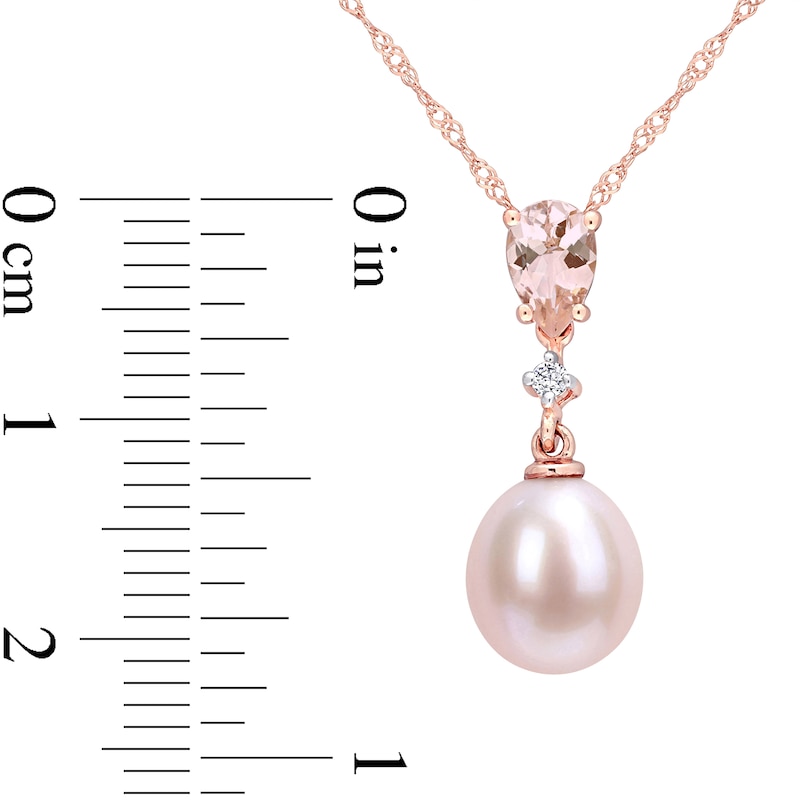 9.0-9.5mm Pink Oval Freshwater Cultured Pearl, Morganite and Diamond Accent Drop Pendant in 10K Rose Gold