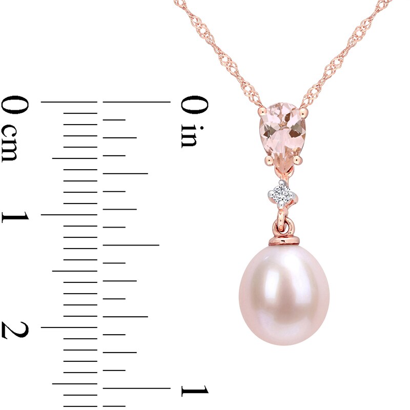 9.0-9.5mm Pink Oval Cultured Freshwater Pearl, Morganite and Diamond Accent Drop Pendant in 10K Rose Gold