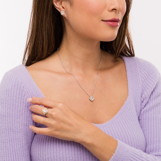 Cushion-Cut White Lab-Created Sapphire Frame Pendant, Ring and Earrings Set in Sterling Silver and 14K Gold Over Silver