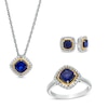 Thumbnail Image 1 of Blue and White Lab-Created Sapphire Frame Pendant, Ring and Earrings Set in Sterling Silver and 14K Gold Over Silver