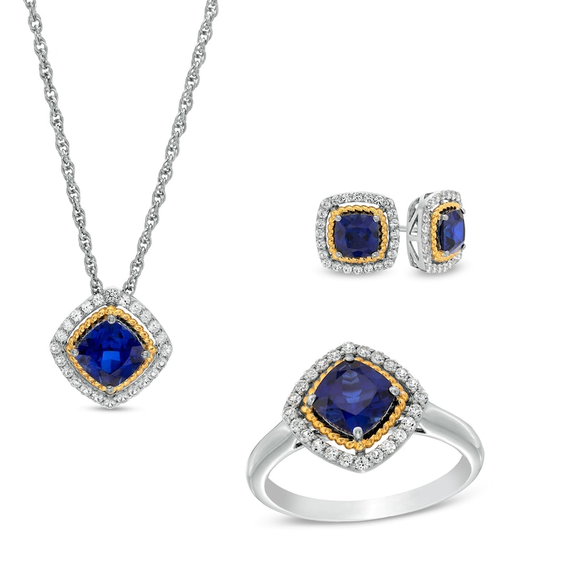 Main Image 1 of Blue and White Lab-Created Sapphire Frame Pendant, Ring and Earrings Set in Sterling Silver and 14K Gold Over Silver
