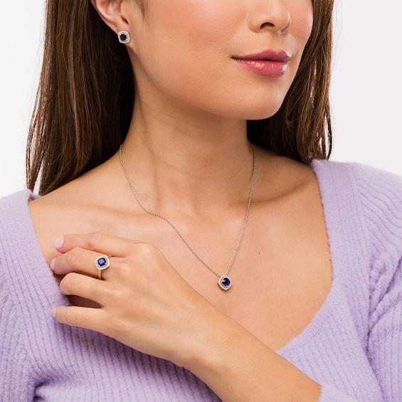 Blue and White Lab-Created Sapphire Frame Pendant, Ring and Earrings Set in Sterling Silver and 14K Gold Over Silver