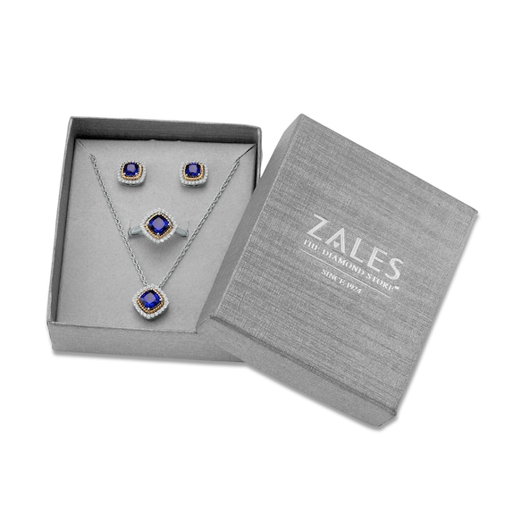 Blue and White Lab-Created Sapphire Frame Pendant, Ring and Earrings Set in Sterling Silver and 14K Gold Over Silver