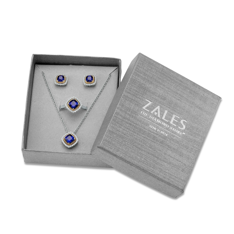 Main Image 4 of Blue and White Lab-Created Sapphire Frame Pendant, Ring and Earrings Set in Sterling Silver and 14K Gold Over Silver