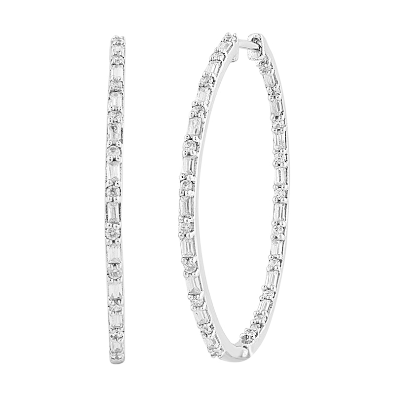 Main Image 1 of 1 CT. T.W. Baguette-Cut and Round Diamond Inside-Out Hoop Earrings in 10K White Gold