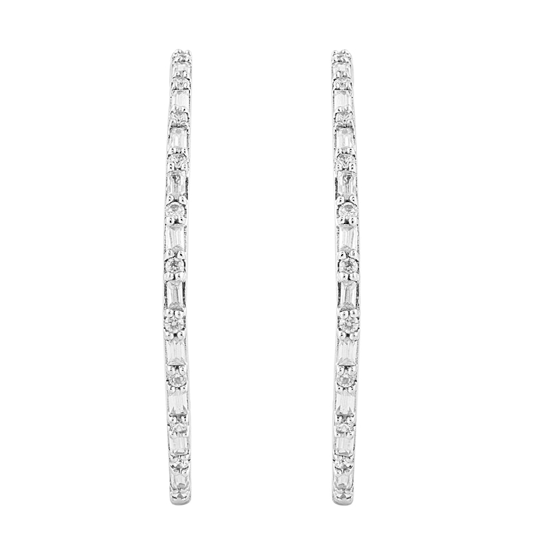 Main Image 2 of 1 CT. T.W. Baguette-Cut and Round Diamond Inside-Out Hoop Earrings in 10K White Gold