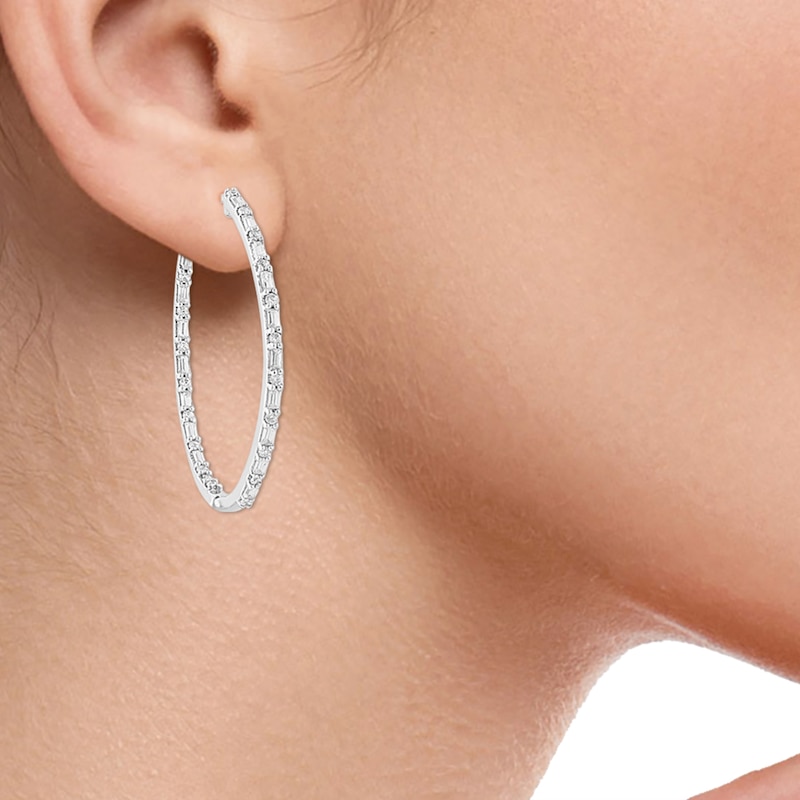Main Image 3 of 1 CT. T.W. Baguette-Cut and Round Diamond Inside-Out Hoop Earrings in 10K White Gold