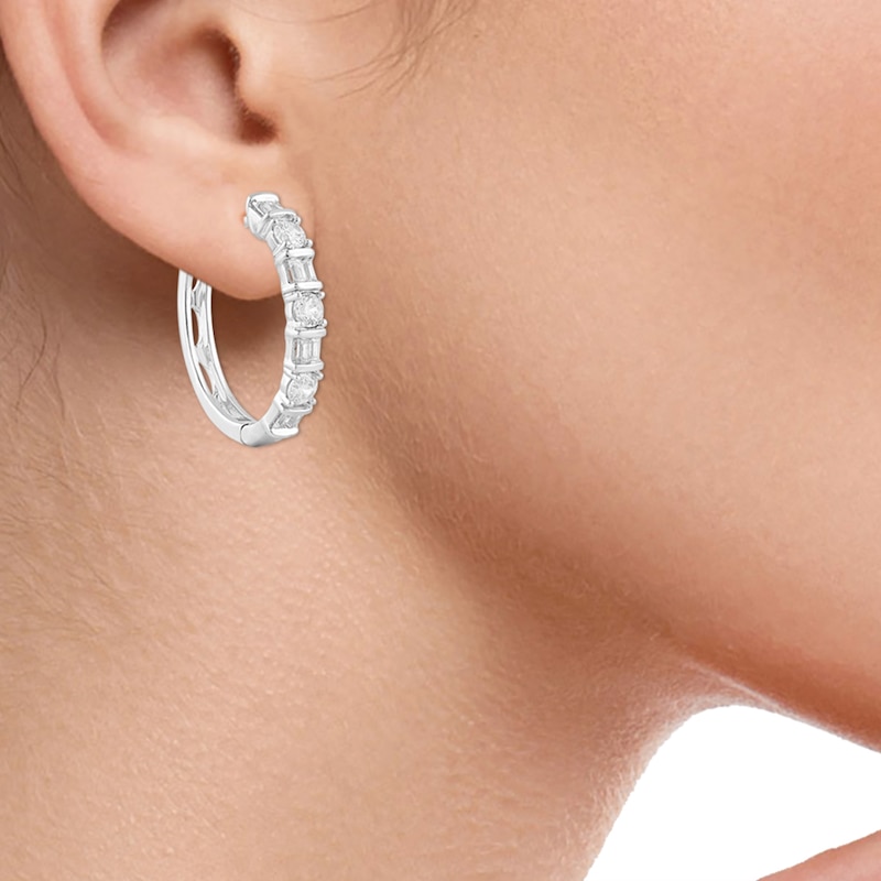 Main Image 3 of 1 CT. T.W. Baguette and Round Diamond Alternating Hoop Earrings in 10K White Gold