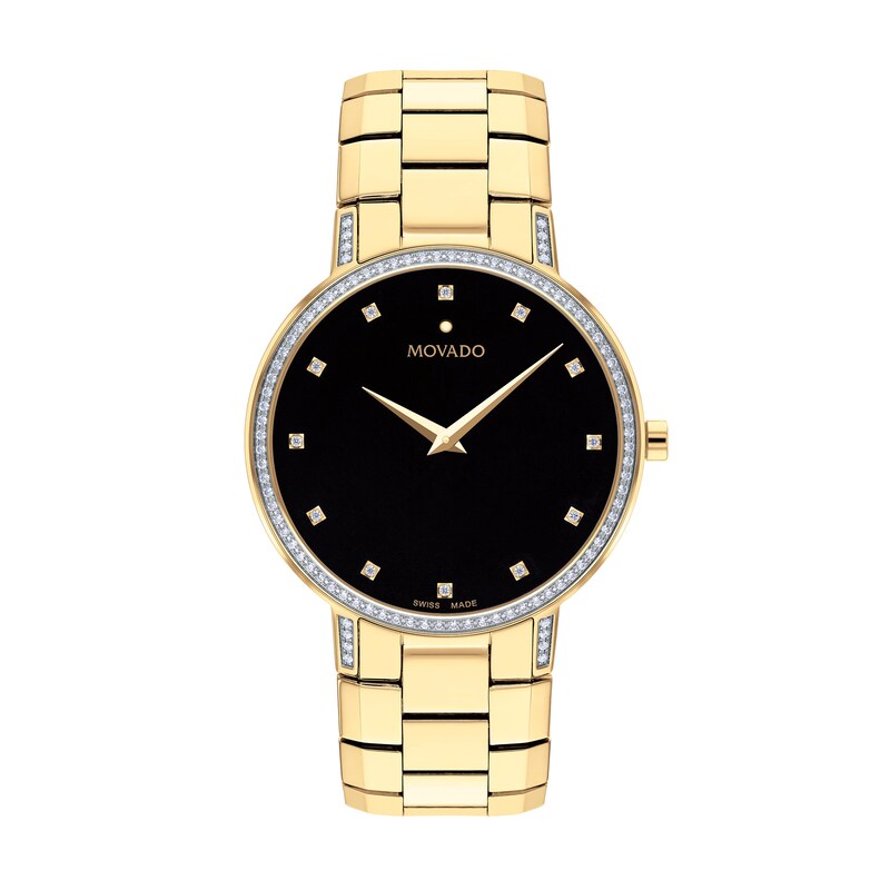 Men's Movado Faceto™ Diamond Accent Gold-Tone PVD Watch with Black Dial (Model: 0607483)