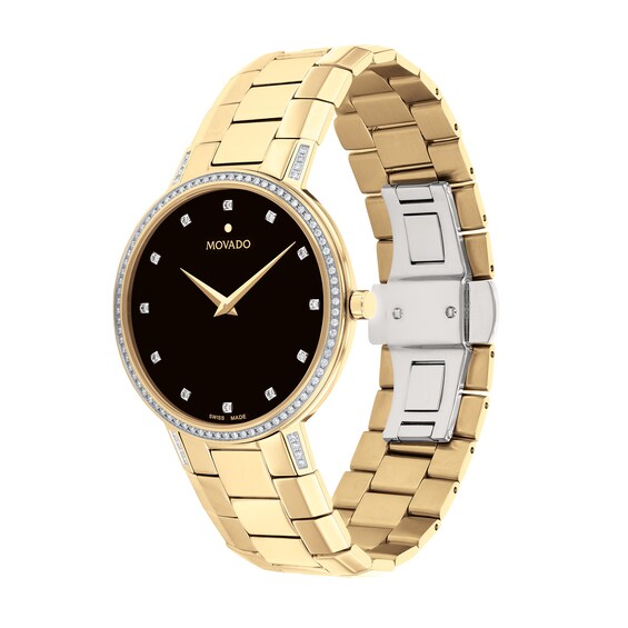 Men's Movado Facetoâ¢ Diamond Accent Gold-Tone PVD Watch with Black Dial (Model: 0607483)
