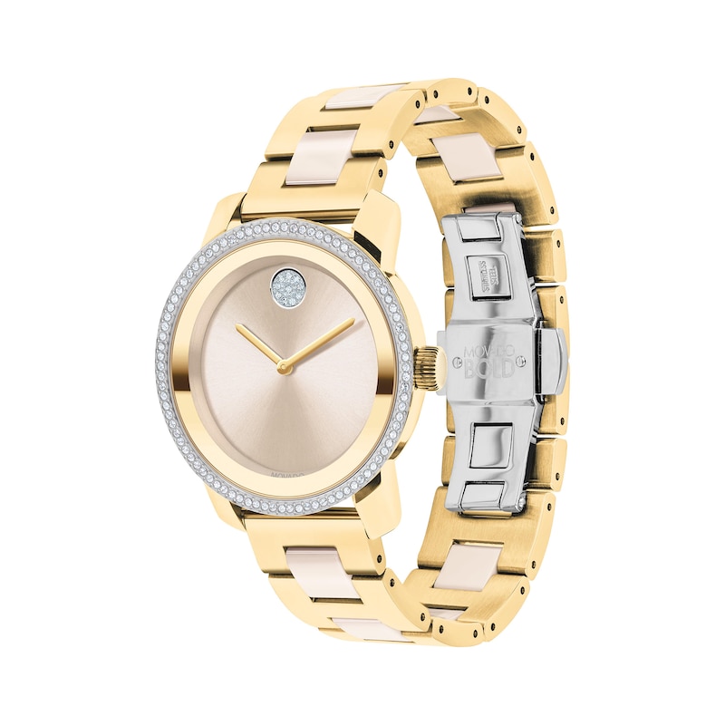 Ladies' Movado Bold® Ceramic Crystal Accent Gold-Tone IP Watch with Champagne Dial (Model: 3600785)