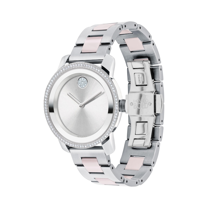 Ladies' Movado Bold® Ceramic Crystal Accent Two-Tone Watch with Silver-Tone Dial (Model: 3600784)