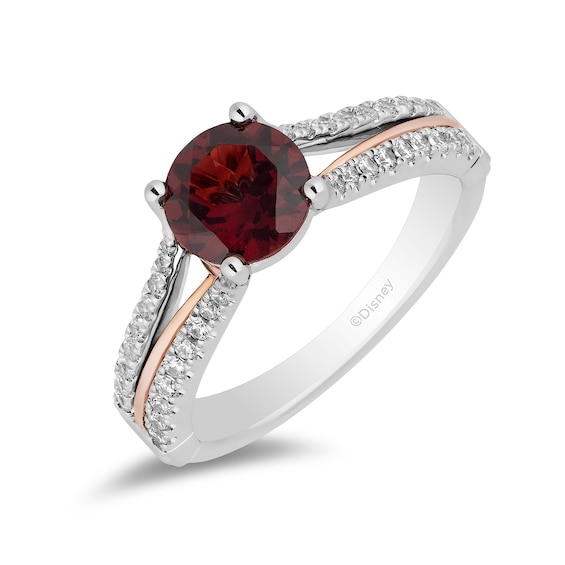Enchanted Disney Snow White 7.0mm Garnet and 1/4 CT. T.w. Diamond Split Shank Engagement Ring in 14K Two-Tone Gold