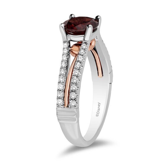 Enchanted Disney Snow White 7.0mm Garnet and 1/4 CT. T.w. Diamond Split Shank Engagement Ring in 14K Two-Tone Gold