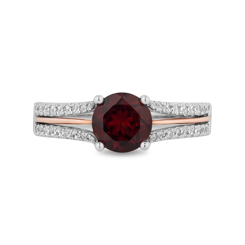 Enchanted Disney Snow White 7.0mm Garnet and 1/4 CT. T.W. Diamond Split Shank Engagement Ring in 14K Two-Tone Gold