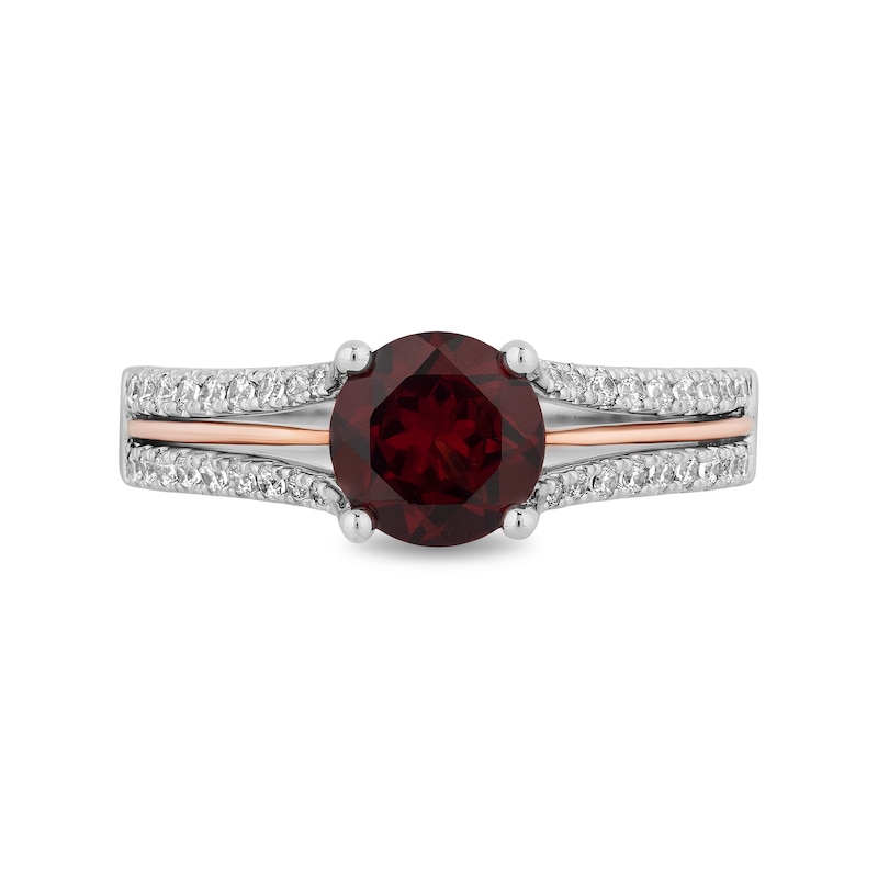 Main Image 4 of Enchanted Disney Snow White 7.0mm Garnet and 1/4 CT. T.W. Diamond Split Shank Engagement Ring in 14K Two-Tone Gold