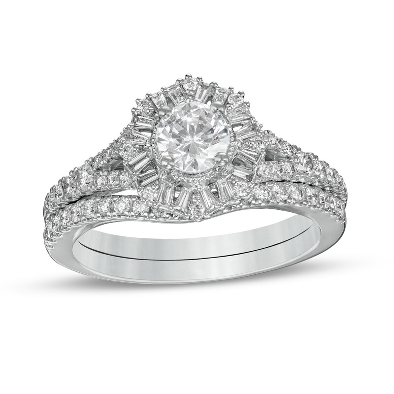 Main Image 1 of Marilyn Monroe™ Collection 1 CT. T.W. Diamond Frame Vintage-Style Split Shank Bridal Set in 14K White Gold