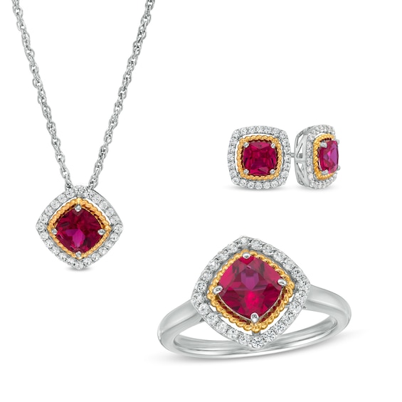 Lab-Created Ruby and White Lab-Created Sapphire Pendant, Ring and Earrings in Sterling Silver and 14K Gold Over Silver