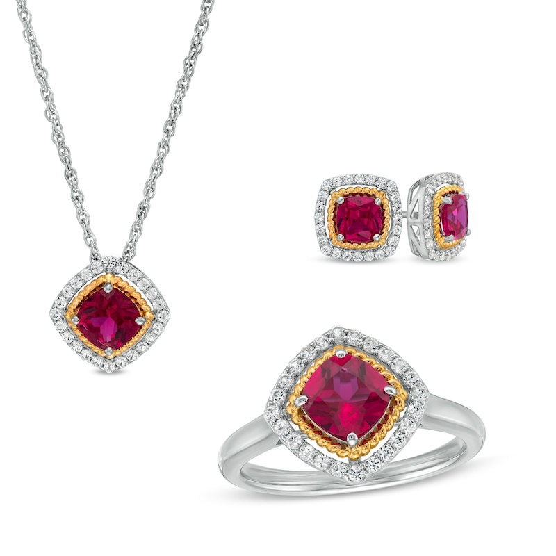 Main Image 1 of Lab-Created Ruby and White Lab-Created Sapphire Pendant, Ring and Earrings in Sterling Silver and 14K Gold Over Silver