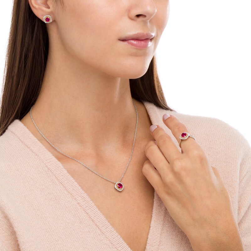 Main Image 2 of Lab-Created Ruby and White Lab-Created Sapphire Pendant, Ring and Earrings in Sterling Silver and 14K Gold Over Silver