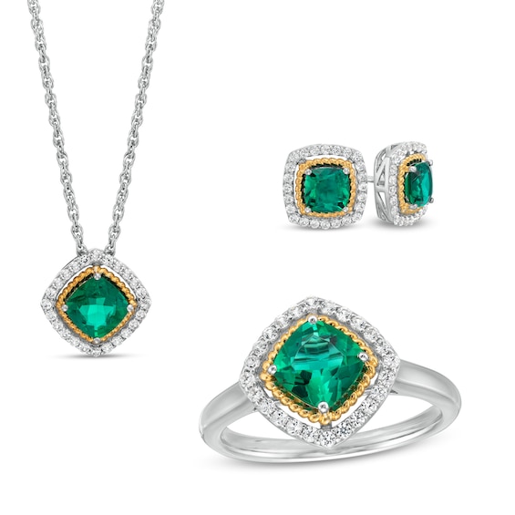 Lab-Created Emerald and White Lab-Created Sapphire Pendant, Ring and Earrings in Silver and 14K Gold Over Silver