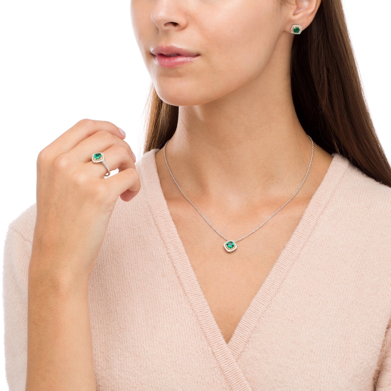 Main Image 2 of Lab-Created Emerald and White Lab-Created Sapphire Pendant, Ring and Earrings in Silver and 14K Gold Over Silver