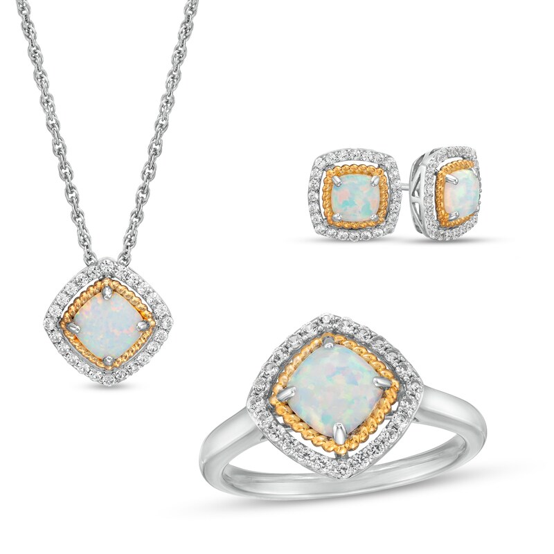 Main Image 1 of Lab-Created Opal and White Lab-Created Sapphire Pendant, Ring and Earrings in Sterling Silver and 14K Gold Over Silver