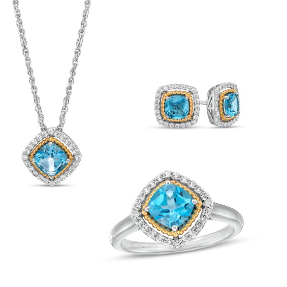 Swiss Blue Topaz and White Lab-Created Sapphire Pendant, Ring and Earrings in Sterling Silver and 14K Gold Over Silver