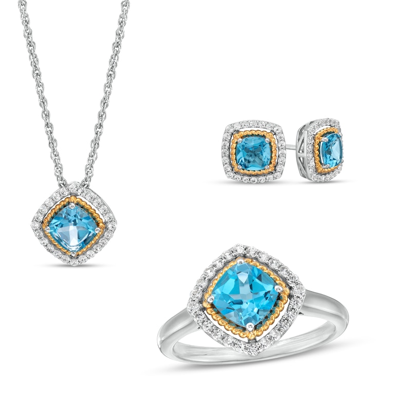 Main Image 1 of Swiss Blue Topaz and White Lab-Created Sapphire Pendant, Ring and Earrings in Sterling Silver and 14K Gold Over Silver