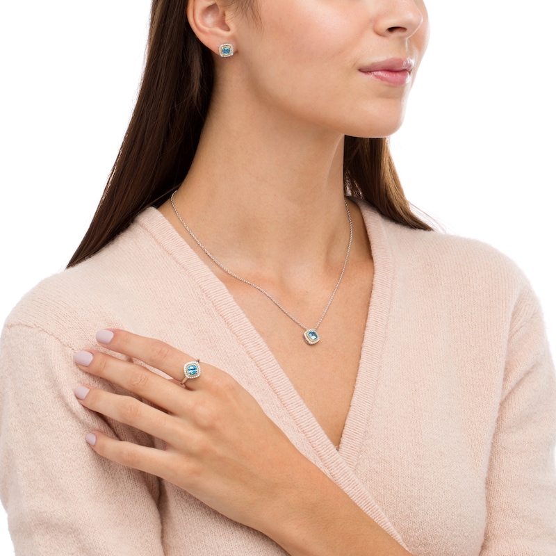 Main Image 2 of Swiss Blue Topaz and White Lab-Created Sapphire Pendant, Ring and Earrings in Sterling Silver and 14K Gold Over Silver
