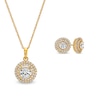 Thumbnail Image 1 of White Lab-Created Sapphire Tiered Double Frame Drop Pendant and Stud Earrings Set in 18K Gold Over Silver