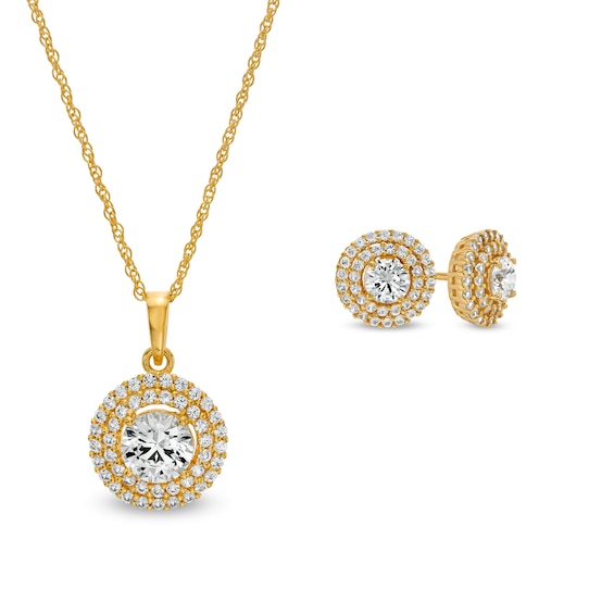 White Lab-Created Sapphire Tiered Double Frame Drop Pendant and Stud Earrings Set in 18K Gold Over Silver