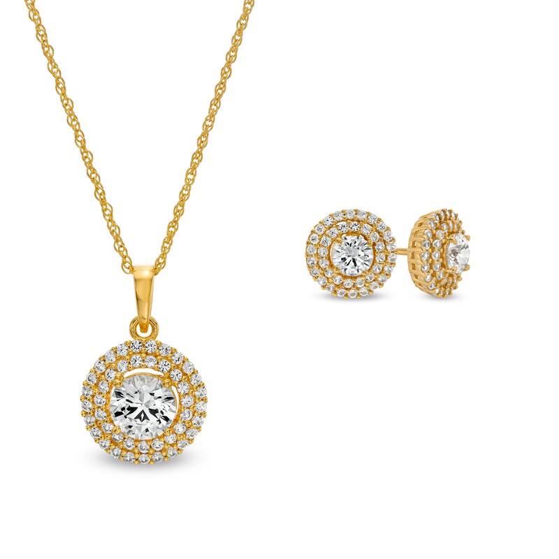 Main Image 1 of White Lab-Created Sapphire Tiered Double Frame Drop Pendant and Stud Earrings Set in 18K Gold Over Silver