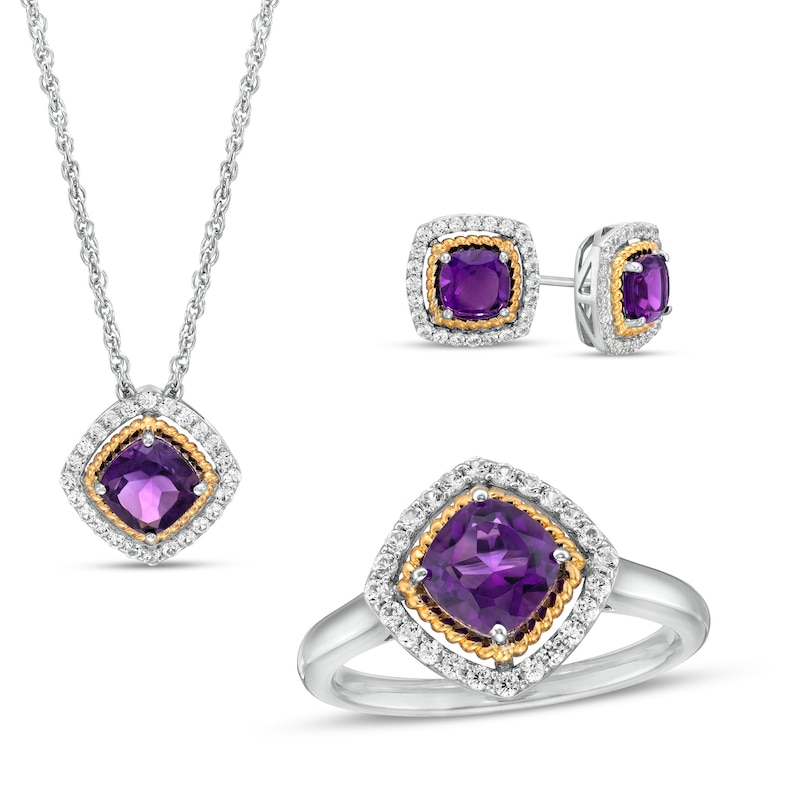 Main Image 1 of Amethyst and White Lab-Created Sapphire Pendant, Ring and Earrings Set in Sterling Silver and 14K Gold Over Silver